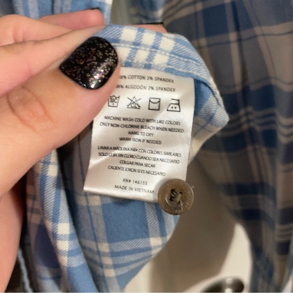 Fish Hippie Shirt Men Medium Flannel long Sleeve Blue/ Cream Plaid Pocket Soft - Picture 5 of 6